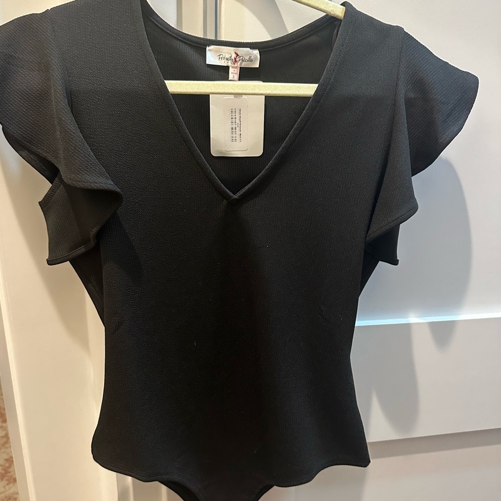 Black Ruffled Flutter Sleeve Bodysuit